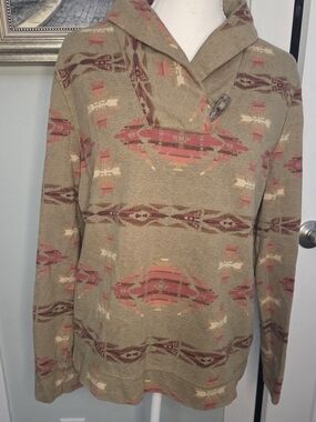 Womens Chaps Ralph Lauren Patterned Aztec Crew Sweater - Beige and Coral